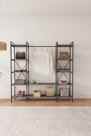 Resim Mobitopya Nilamu Antrasit Elbise Dolabı | Metal Gövdeli Açık Askılık & Organizer Dolap 175*170*34 Cm 