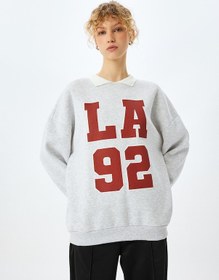 Resim Koton Oversize Kolej Baskılı Polo Yaka Sweatshirt Kar Melanj 5sal10518ık Gri Melanj 