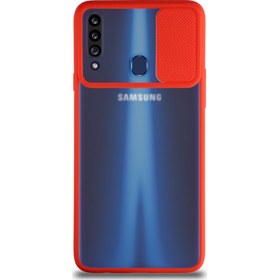 Resim Samsung Galaxy A20S Kapak Lensi Açılır Kapanır Kamera Korumalı Silikon Kılıf Kırmızı 