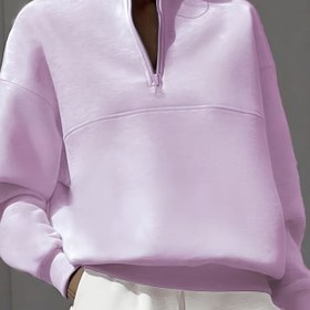 Resim Kadınlar için Rahat Düz Renkli Kazak, %100 Polyester Uzun Kollu Stand Yaka Fermuar Detaylı, Hafif Esnek Örgü Kumaş, Sonbahar/Kış Modası, 250g/m² Ağırlık 