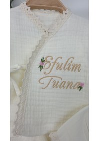 Resim Gros Shop Müslin Yeni Doğan 4katlı Organik %100pamuk Kişiye Özgü Nakışlı Hastane Çıkış Seti Papatya Model-6 Ekru-3 