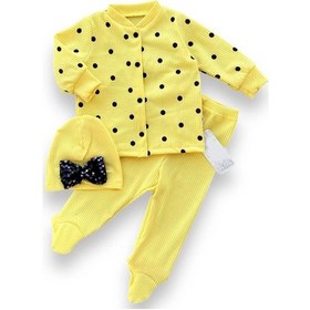 Resim 3-6-9-12 Ay Puantiyeli Şapkalı Çıtçıt Kapamalı Patikli 3lü Kız Bebek Takımı Sarı Sari 