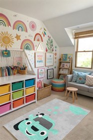 Resim Kessy Home Studio Şirin Araba Desenli Eğlenceli Oyun Halısı Yıkanabilir Kaymaz Taban Çocuk Odası Halısı 2 