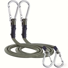 Resim 550 poundluk güç elyafı ile karabinerli ağır hizmet bungee kordu - Kamp, bagaj, kargo ve RV aksesuarları için - Dayanıklı yeşil örmeli tasarım, metal tokalar, kamp aksesuarları, bagaj güvencesi, fonksiyonel tasarım, metal karabiner 