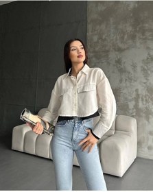 Resim Çift Renkli Kısa Gömlek Krem S4021 Krem 