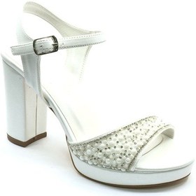 Resim Feles Taşlı Platform Tek Bant Topuklu Kadın Abiye Ayakkabı Beyaz 