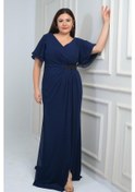 Resim Kadın Arka V Yaka Astarlı Bel Boncuk Detaylı Darapel Büyük Beden Krep Şifon Elbise-41866 Lacivert 