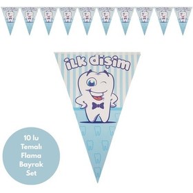 Resim Mavi Çizgili İlk Dişim Flama Bayrak Set Süs Tüm Yaşlar 