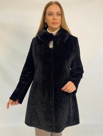 Resim Moda Berray Yakası Kürk Detaylı Broşlu Astragan Kaban Siyah 