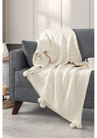 Resim Ponponlu Triko Örme Tv Battaniyesi Koltuk & Omuz Şalı & Diz Battaniyesi 130x170cm - Krem Krem 