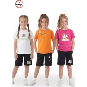 Resim Panios Kids 3 Lü Yuvarlak Yaka Kaprili Baskı Detaylı Yazlık Kız Çocuk 6 Parça Alt Üst Takım Beyaz - Turuncu - Fuşya 