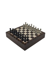 Resim Gifthome Orta Boy Premium Black Metal Klasik Satranç Takımı Ve Ceviz Desenli Sandıklı Mdf Tahtası 30x30x6 Cm. 