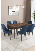 Resim Sar Pakete Almira Serisi, Barok Ahşap Desen 80x132 Açılabilir Mdf Mutfak Masası Takımı 6 Adet Sandalye Lacivert 