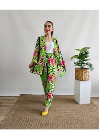 Resim İpli Yeşil Renk Etnik Desenli Viskon Kumaş Kimono Takım Yeşil 