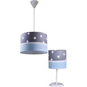 Resim Onay Avize Gri Yıldızlı Mavi 2.li Set M-620 Kumaş Kaplama Genç ve Çocuk Odası Avize ve Abajur Takımı 