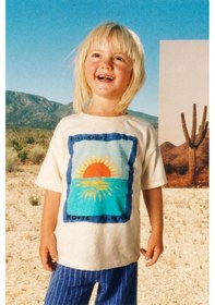 Resim Lolliboomkids Unisex Çocuk Sunrise Postcard Summer Baskılı Krem Tişört Ve Mavi Çizgili Pantolon Takım Ekru Mavi Ekru - Mavi 