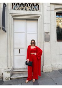 Resim Bonacosa Kadın Viskon 3 Lü Takım Kimono + Beli Lastikli Salaş Pantolon + Crop 8 Renk Kırmızı 