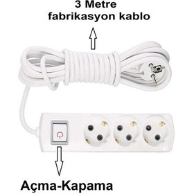 Resim Grup Priz Topraklı 3'lü Çoklu Anahtarlı Priz Seyyar Ara Uzatma Kablosu Kablo 3 Metre 3 m 