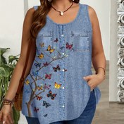 Resim Kelebek Baskılı ve Sahte Cepli Kadınlar İçin Şık Esnek Denim Tarzı Tank Top - Bol Kesim Yuvarlak Yaka Kolsuz Yazlık Üst, Makinede Yıkanabilir Polyester/Elastan Karışımı 