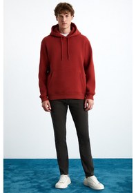 Resim Grimelange Yokohama Erkek Içi Polarlı Yumuşacık Regular Kanguru Cepli Kapüşonlu Kiremit Rengi Sweatshirt 