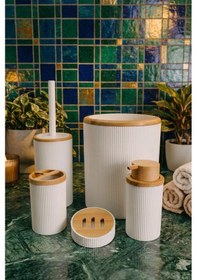Resim Makri Home Beyaz Bambu Desenli 5 Parça Banyo Seti, Şık Tasarımlı, Hacim: 6 Litre Ahşap - Beyaz 