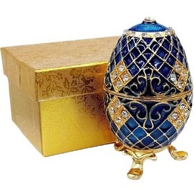 Resim Faberge Yumurta Swarovski Taşlı Lüks Mücevher Kutusu Mavi 10cm 