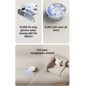 Resim Xiaomi 10000PA Robot Vacuum Akıllı Robot Süpürge 180 Dakika Çalışma 5200MAH Batarya Lds Lazer 3D Haritalama Süpürme Silme Beyaz 
