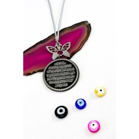 Resim Siyah, Kelebek Aksesuarlı Komple Çelik Çift Taraflı Ayetel Kürsi Nazar Ayeti Araba Dikiz Ayna Süsü 