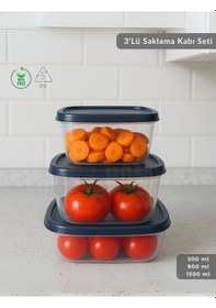 Resim 3'lü Saklama Kabı Seti Kare Erzak Kabı Bpa Free Derin Dondurucu İçin Uygun 500-900-1500 Ml Şeffaf 