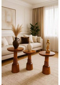 Resim Doğal Meşe Ahşap Mantar Sehpa 3 Lü Set Fiskos & Zigon Takımı Kahverengi 