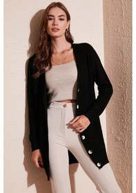 Resim Lela Regular Fit V Yaka Düğmeli Triko Örme Uzun Bayan Hırka 4615044 Siyah 