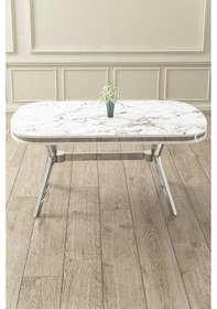 Resim Canisa Epal Serisi 90x168 Lak Panel Beyaz Mermer Desen Masa Takımı Krom Ayaklı 6 Cappucino Sandalye Beyaz Mermer Desen Masa Sandalyeler Cappucino 