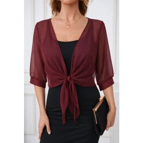Resim Alyn Wear Kadın Fakir Kollu Önden Bağlamalı Kısa Şifon Bolero Ceket 