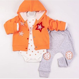 Resim Yeni Doğan 3-6 Ay Kız Bebek Takımı Yıldız Kapişonlu Turuncu Turuncu 