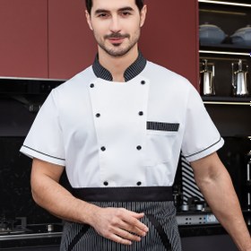 Resim Restoran şefinin yazlık kısa kollu, hızlı kuruyan nefes alabilen file kumaş. Otel restoranı kısa kollu erkek, mutfak, fırın, Batı restoranı, okul büfesi, erkek özel şef üniforması 