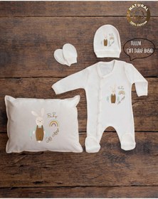 Resim yzc home size dair... E84 Ty Ekru Renk Isme Özel Isimli Baskılı Bebek Yastık Tulum Şapka Eldiven Set Hastane Çıkışı 