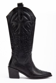 Resim DENORA Siyah Cilt Mat Deri Nakışlı Kabartmalı Western Kovboy Bot Çizme 