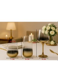 Resim Elta Collection 18 Parça Titanyum Gold Degrade Cam Bardak Seti Su, Meşrubat Ve Şarap Kadehi Lüks Sofra Takımı Altın 
