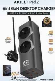 Resim MO DOU 6in1 67W GaN Akıllı Priz | 3A Hızlı Şarjlı Masaüstü Çoklu Şarj İstasyonu 3 Type-C + 1 USB + 2 ACPriz 