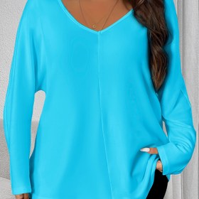 Resim V-Yaka, Uzun Kollu, Tek Renk, Büyük Beden Kadın Tişörtü - Sonbahar/Kış Koleksiyonu - Polyester Karışımı, Esnek, V-Yaka Stili - Siyah Renginde Mevcut 