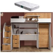 Resim Ranza, Litera Ranza Dolap Çalışma Masası Beyaz - Açık Ceviz + 1 Adet Comfort Yatak 90 x 190 Cm 