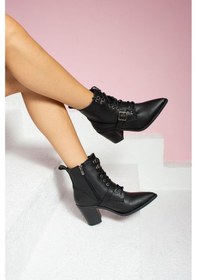 Resim Shoetek Dasha Kadın Bot&bootie Tokalı Bağcıklı Siyah Deri Sıyah Cılt 