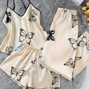 Resim Kadınlar için Kelebek Desenli Saten Pijama Takımı - Üç Parça, Kolsuz Üst ve Şort, Polyester, Tüm Mevsimler İçin Rahatlık, Rahat Tarz, V-Yaka, Kemer Yok, Yetişkin Beden, Tüm Mevsimler Pijama|Kelebek Desenli Tasarım|Pürüzsüz Dokulu 
