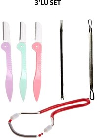 Resim Genel Markalar 3^lü Kaş Usturası & Akne Komedon & Kaş Bıyık Alma Yüz Tüy Yayı 