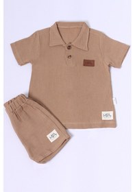 Resim Erkek Bebek Şortlu Takım Polo Yaka Düğmeli Düz Renk E8 kahverengi 