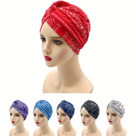 Resim Paisley Baskılı Boho Turban Şapkaları Düz Renkli Pilili Baş Sarıkları Ramadan Bere Şapka Kadınlar İçin 