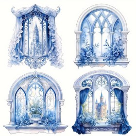 Resim 6 Parça Yaratıcı Pencere Manzarası Serisi Scrapbook Çıkartmaları, Avrupa Bahar Vintage Tarzı Pencere Arka Plan Dekorları, 2D Düz DIY Günlük Sticker Paketi, Yapışkansız Albüm Süsleme Seti 