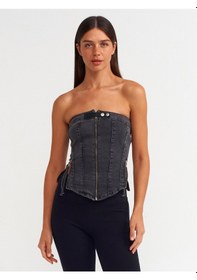 Resim Dilvin Uç Fermuarlı Denim Büstiyer Siyah 