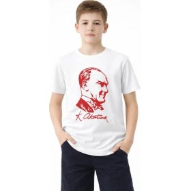 Resim Erkek Çocuk Atatürk Baskılı Tişört Kısa Kollu Bisiklet Yaka T-Shirt - Beyaz 