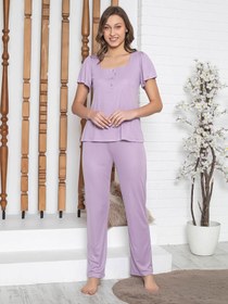 Resim Limissi Pervazlı Atlet Yaka Pijama Takımı - Lila - Lila / L 